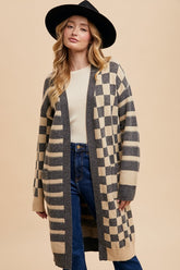 Annie Wear Women's Checkered & Striped Open Front Cardigan with Long Sleeves